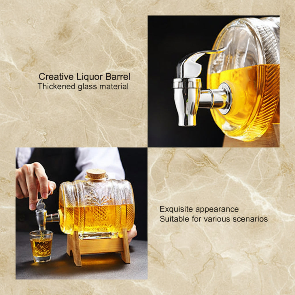 Liquor Barrel with Dispenser Faucet and Wooden Base, 1L capacity