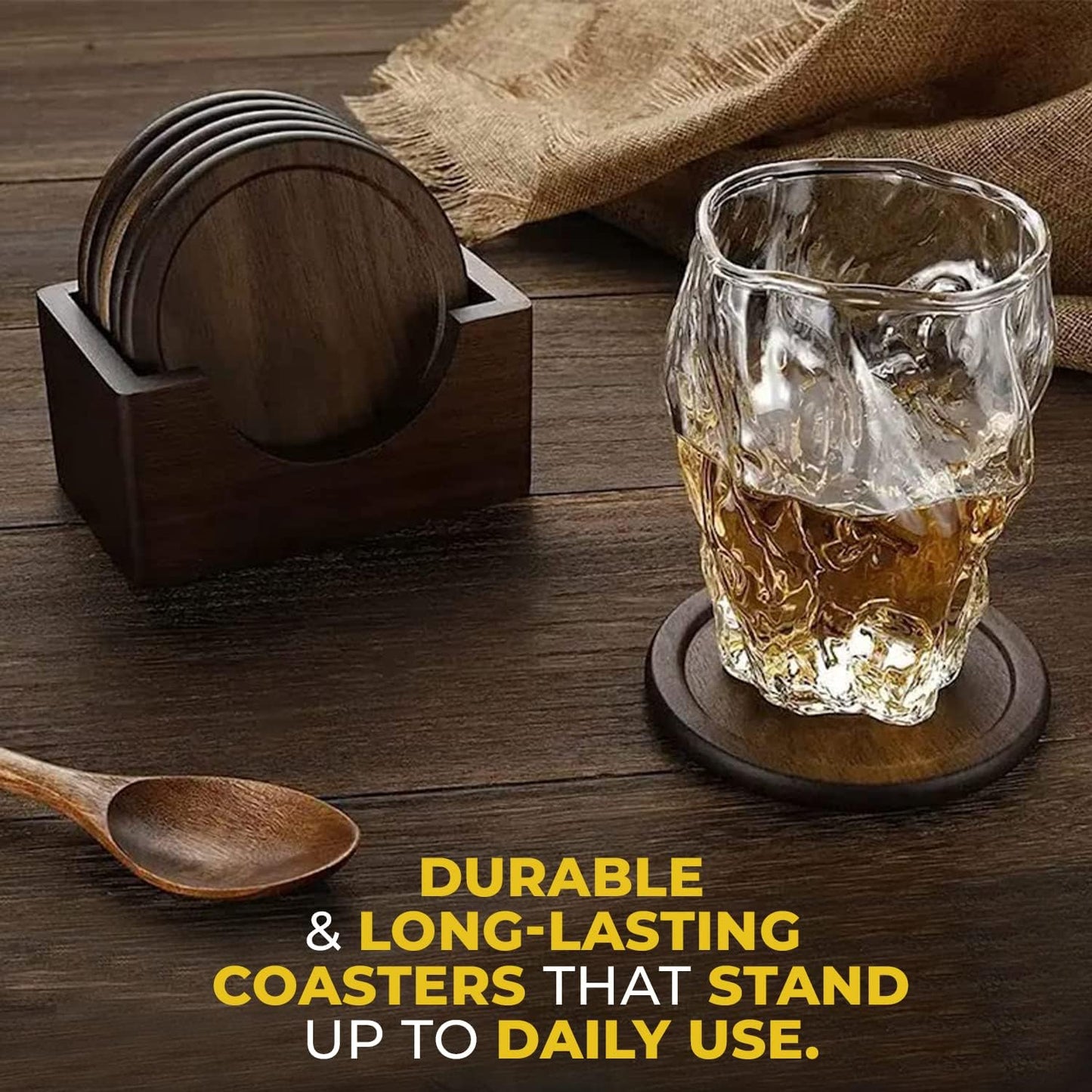 Wooden Coasters, Walnut Hardwood, 7 pcs with Holder