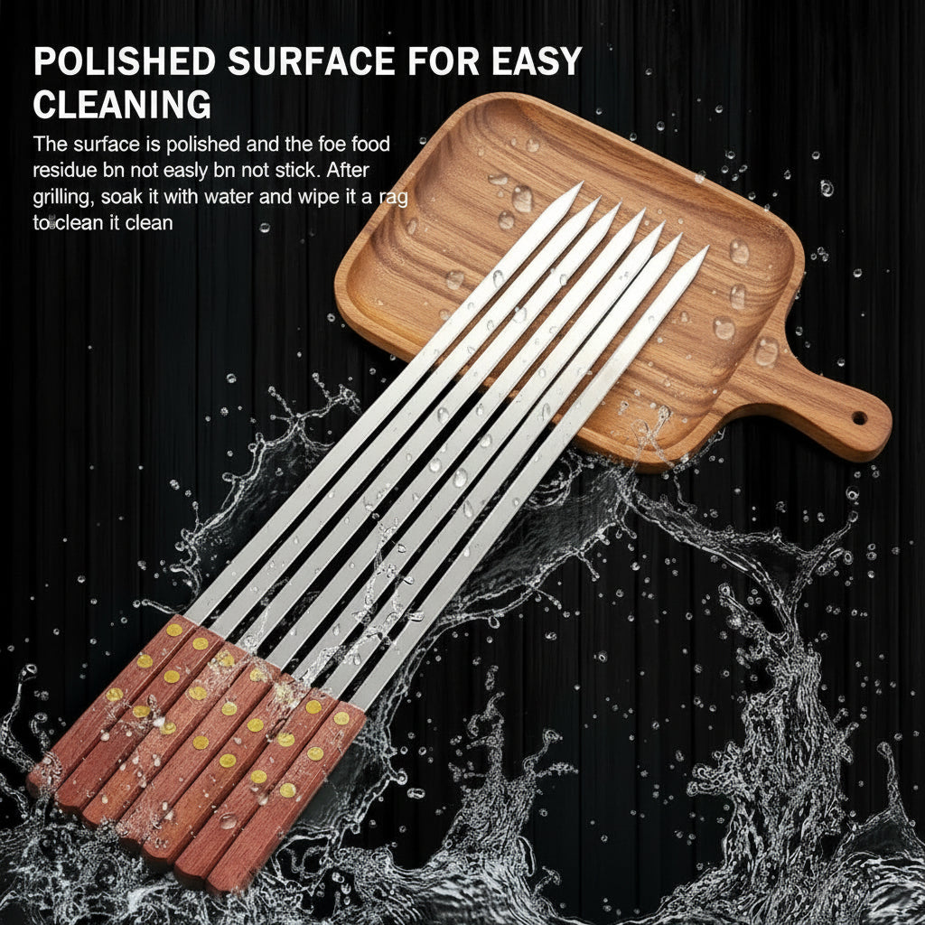 BBQ Skewers, Set of 2, Stainless Steel, Wooden Handle,  24 inches