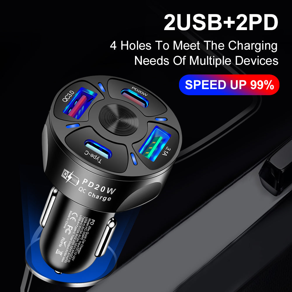 4 Outlets, Black, Car Cell Phone Charger, High Power, 20W