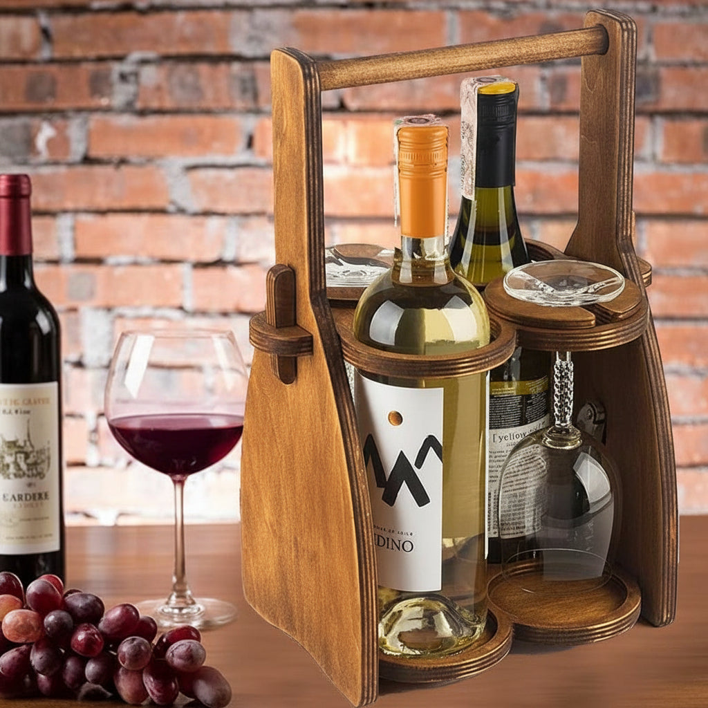 Wine Carrying Box. Fits 4 bottles or glasses. Natural multilayer Hardwood