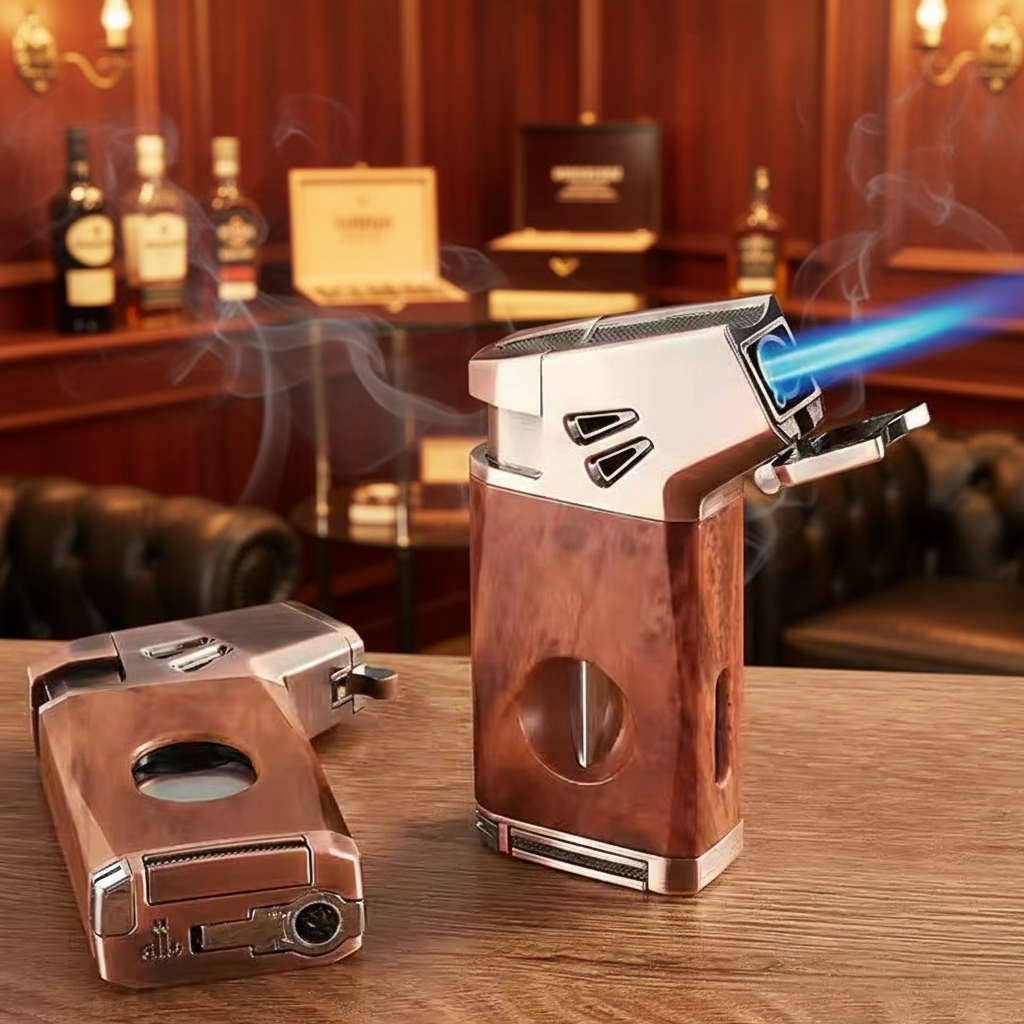 Cigar Lighter, Redwood Grain, with V-shaped Cigar Cutter