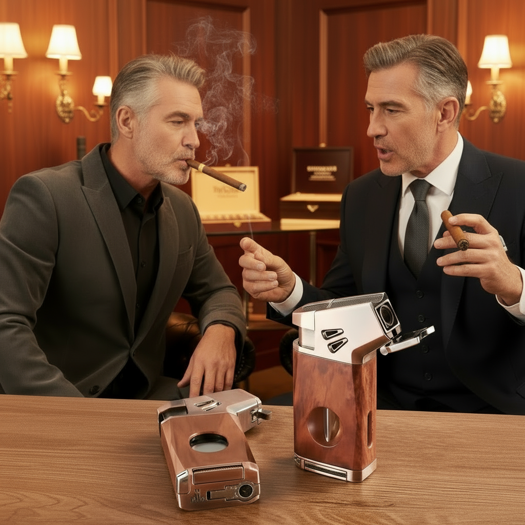 Cigar Lighter, Redwood Grain, with V-shaped Cigar Cutter