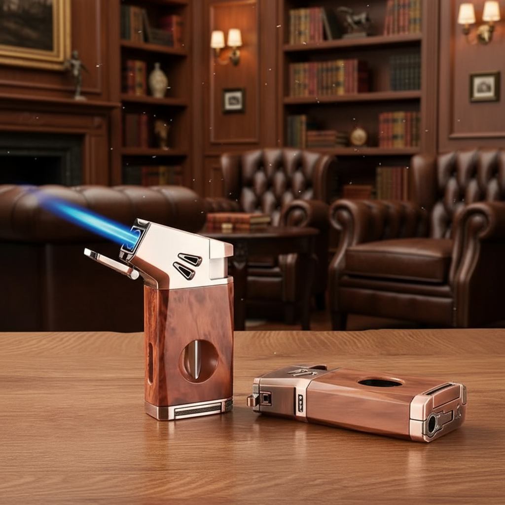 Cigar Lighter, Redwood Grain, with V-shaped Cigar Cutter
