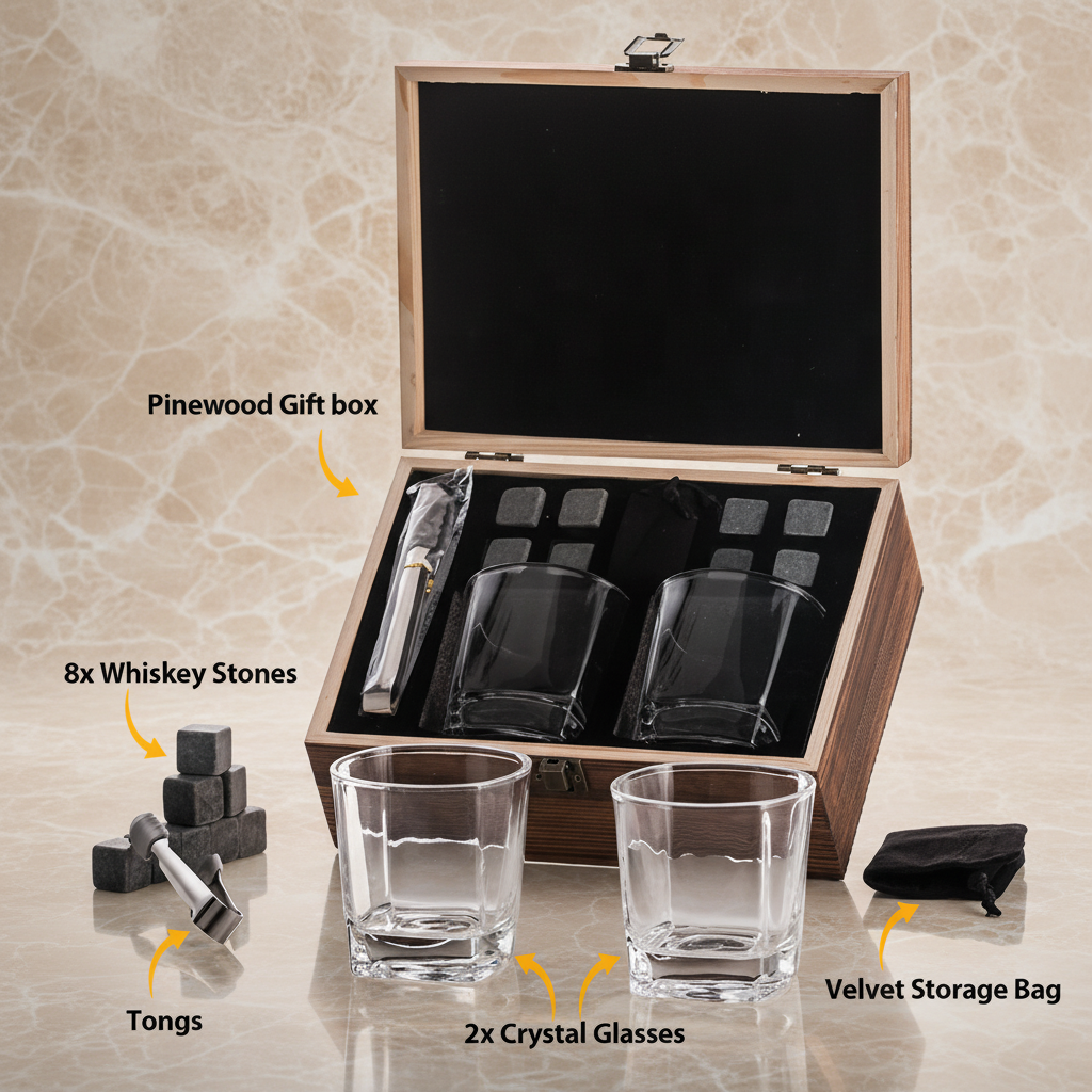Classic Whisky Chilling Stones & Glass Gift Set in Wooden Gift box