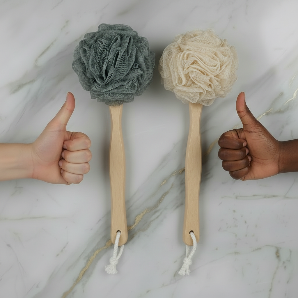 Shower Sponge, With 12" Long Wooden Handle