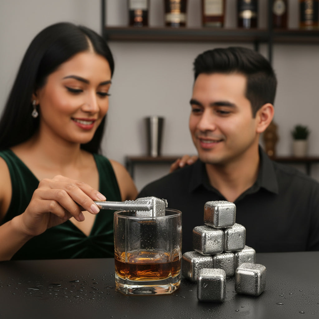 Beverage Chilling Cubes, Stainless Steel, 8 pcs with Tongs Set