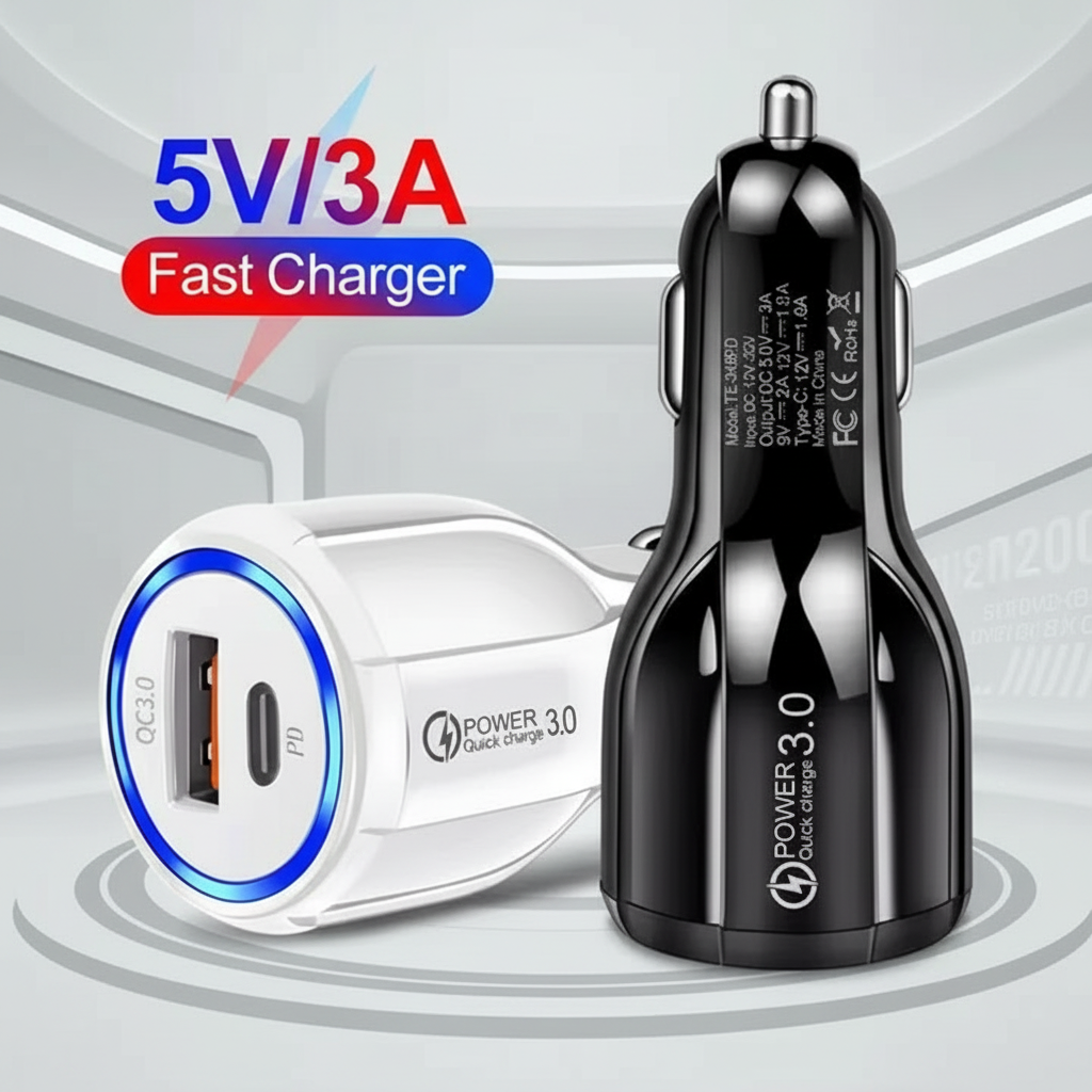 Car Cell Phone Charger, 2 Outlets, White, High Power, 3A