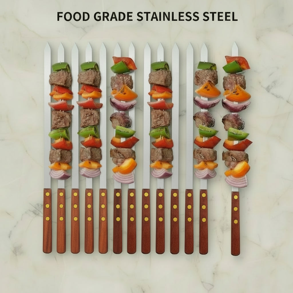 BBQ Skewers, Set of 2, Stainless Steel, Wooden Handle,  24 inches