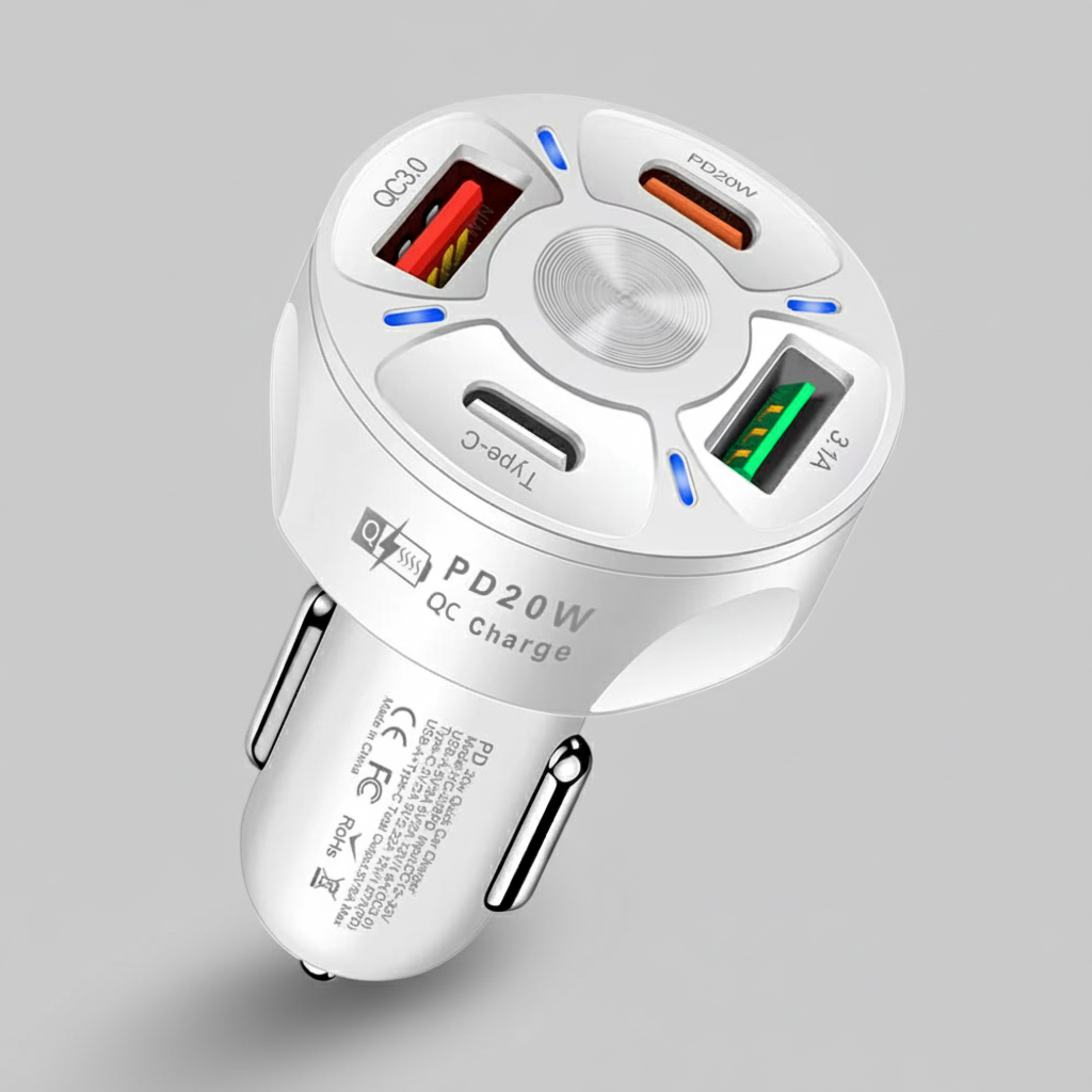 4 Outlets, White, Car Cell Phone Charger, High Power, 20W