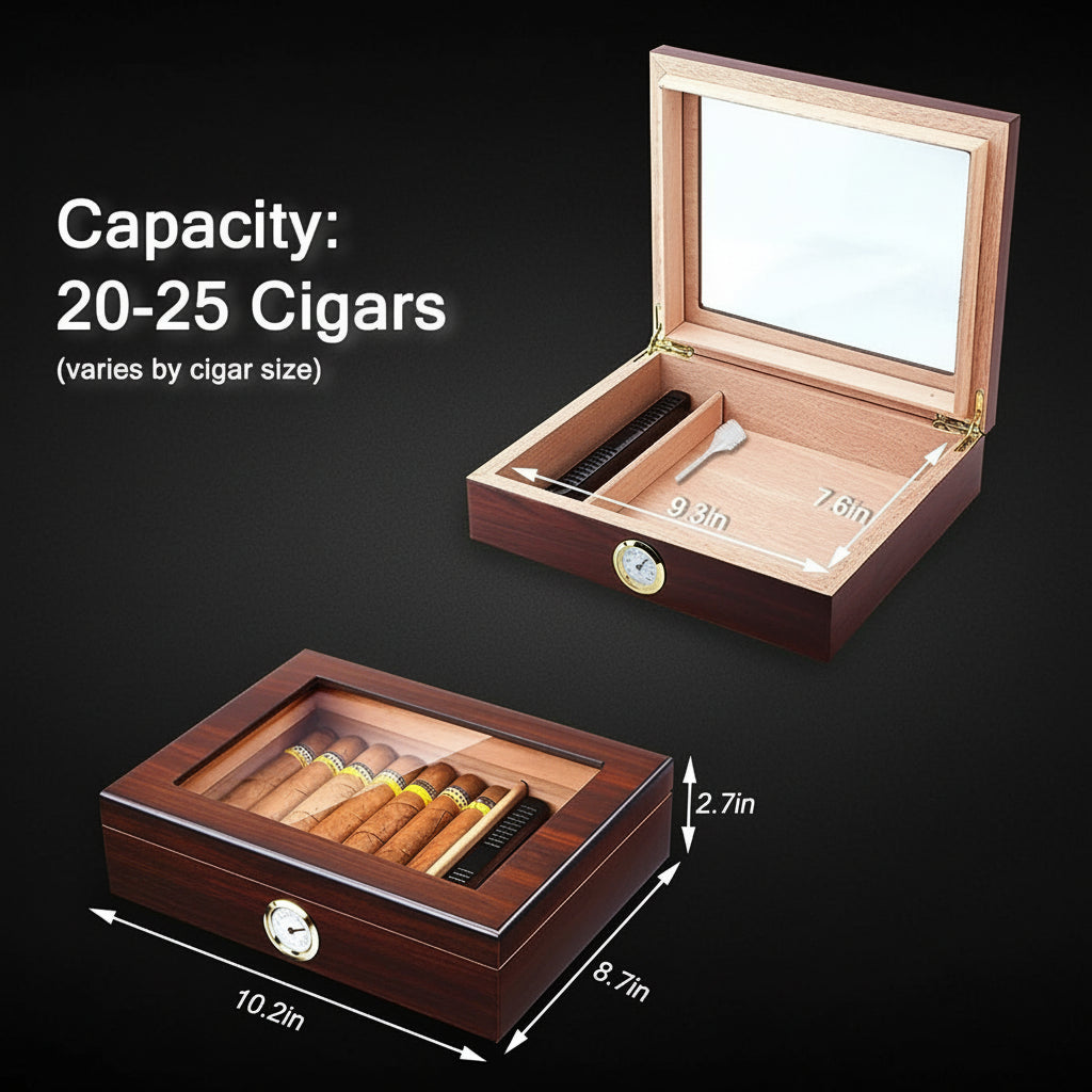 Cigar Box, Spanish Cedar, Black, with Hygrometer and Humidor, 9x7 inches