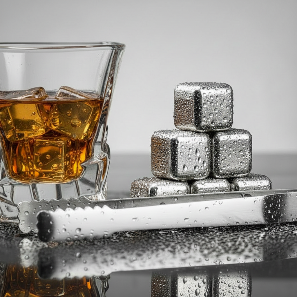Beverage Chilling Cubes, Stainless Steel, 8 pcs with Tongs Set