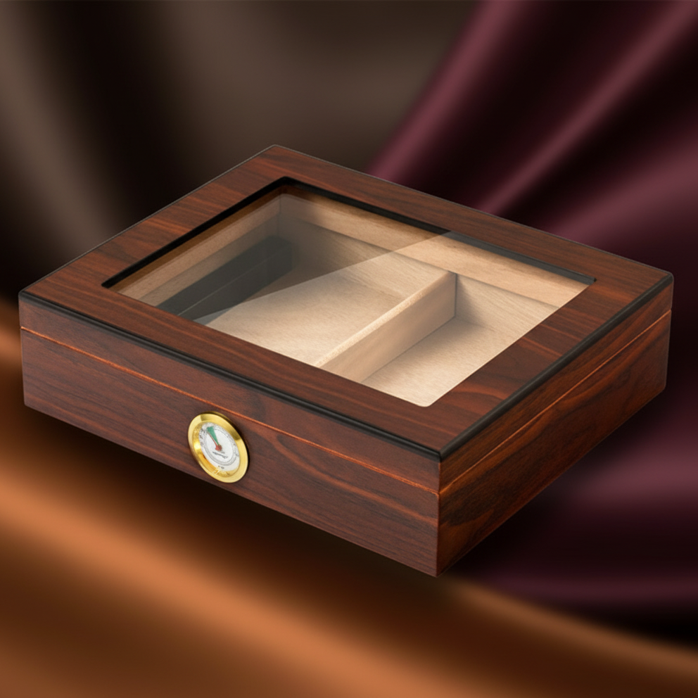 Cigar Box, Spanish Cedar, Black, with Hygrometer and Humidor, 9x7 inches