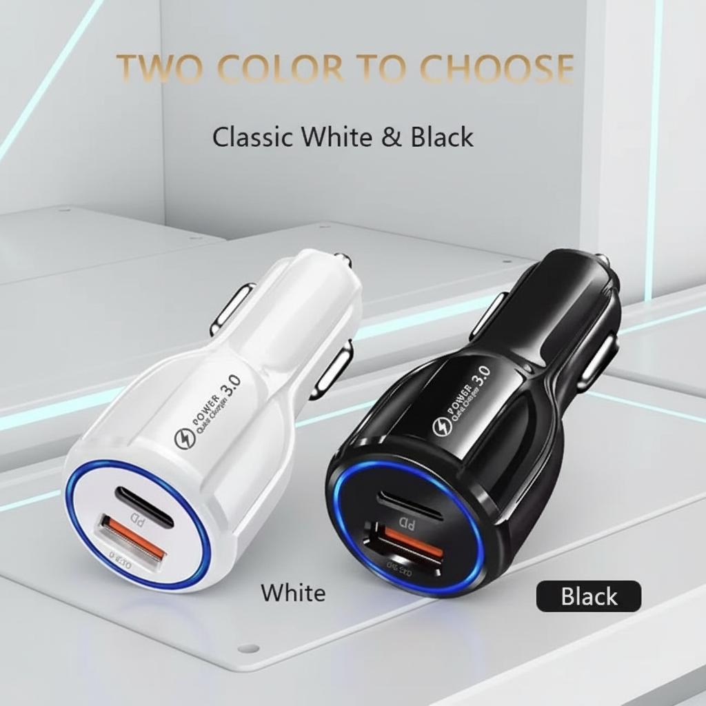Car Cell Phone Charger, 2 Outlets, White, High Power, 3A