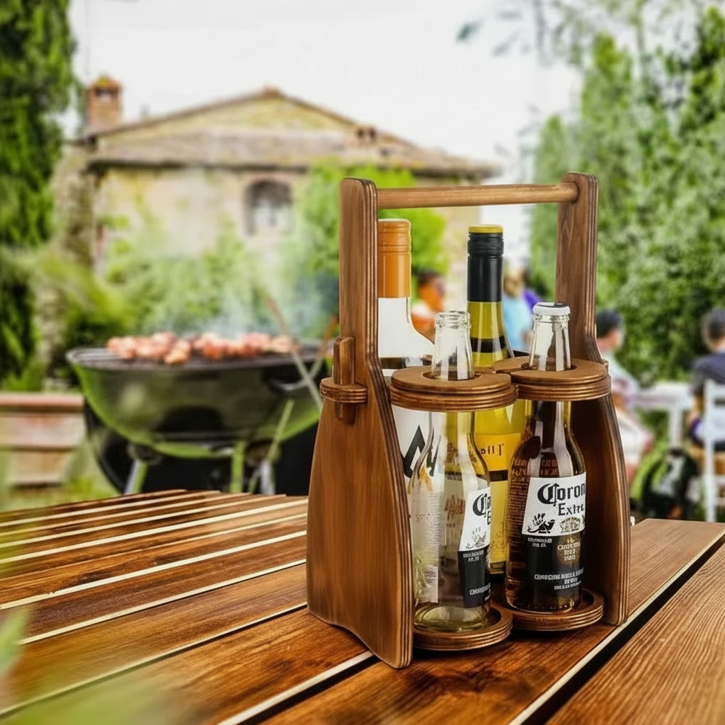 Wine Carrying Box. Fits 4 bottles or glasses. Natural multilayer Hardwood