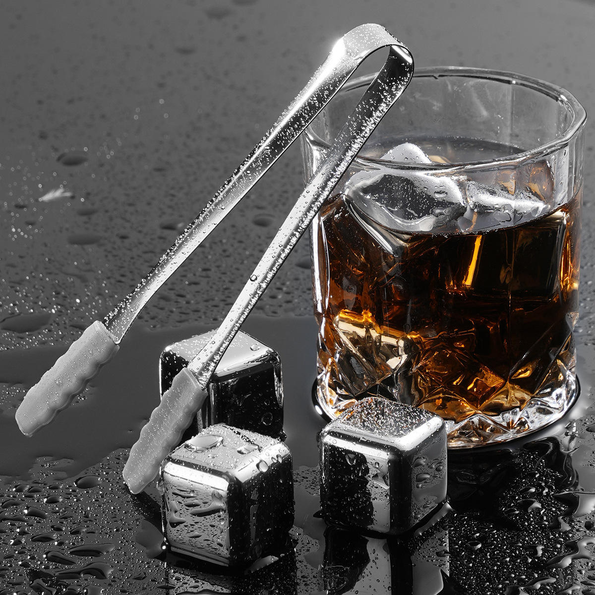 Beverage Chilling Cubes, Stainless Steel, 8 pcs with Tongs Set