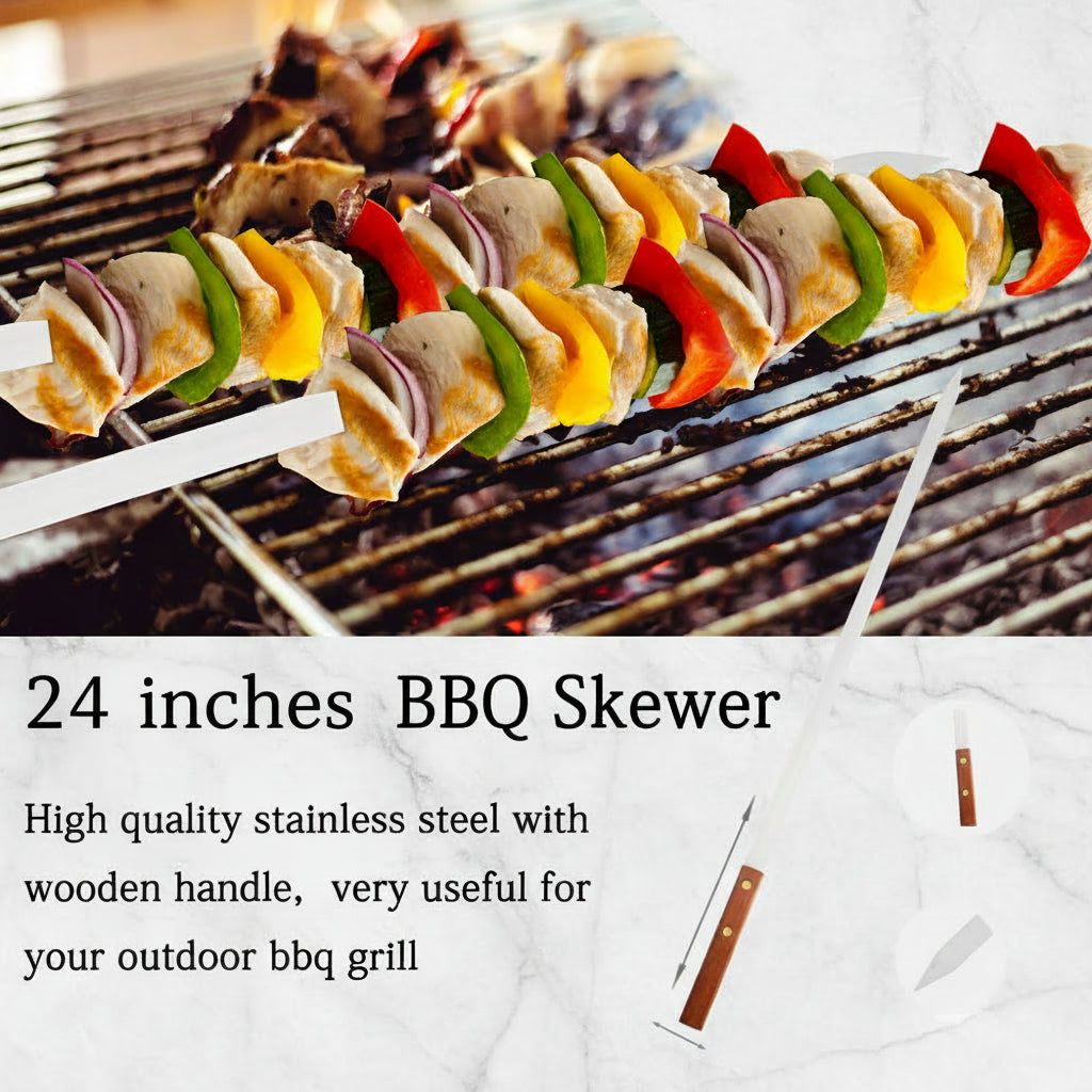 BBQ Skewers, Set of 2, Stainless Steel, Wooden Handle,  24 inches