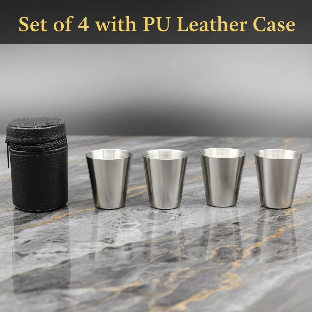 Stainless Steel Shot Glass Set with Leather Carrying Case (30 ml / 1 Oz)