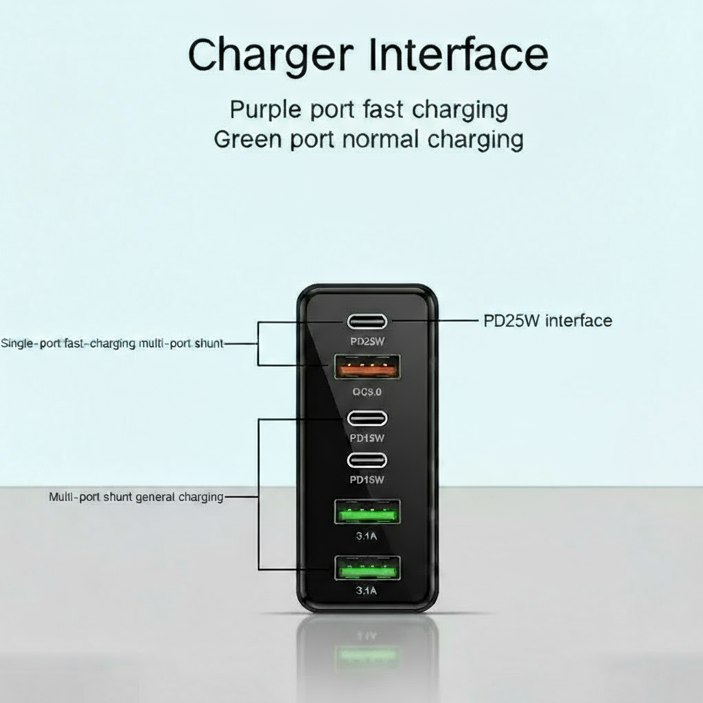 6 Outlets Charging Station, Black,  Extra High Power 160W
