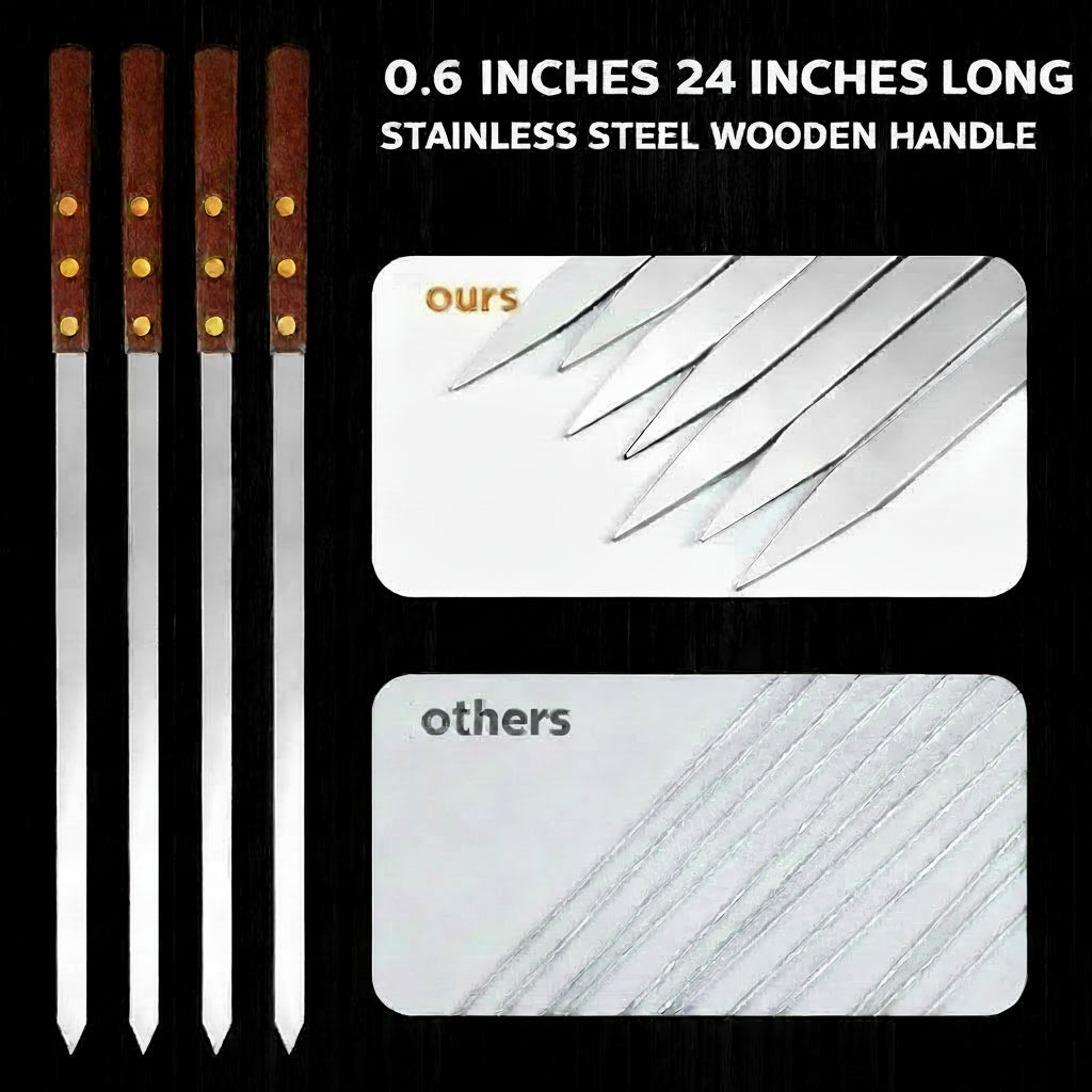 BBQ Skewers, Set of 2, Stainless Steel, Wooden Handle,  24 inches