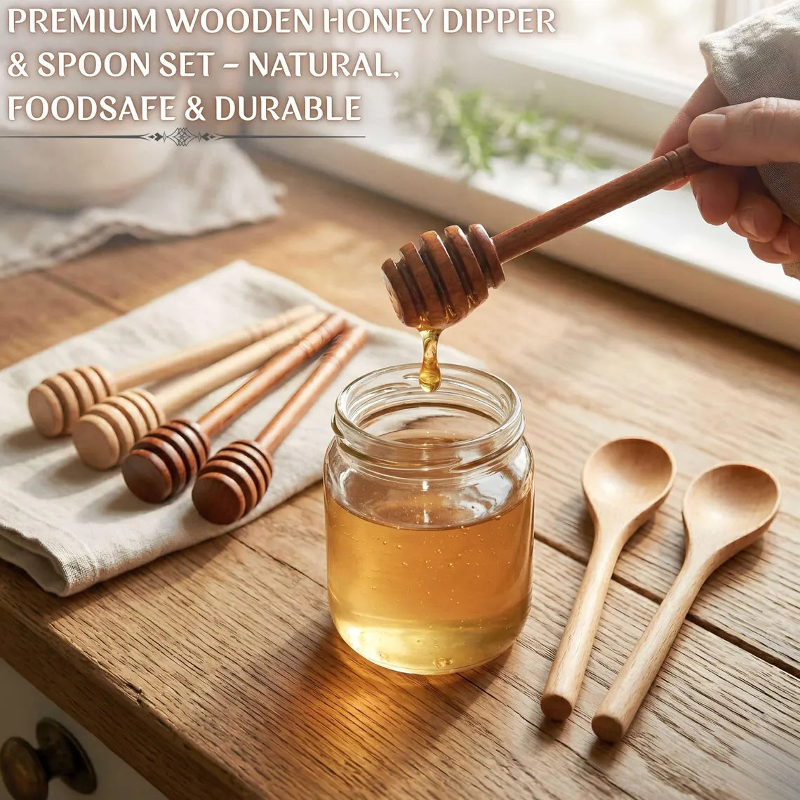 Natural Wooden Honey Dipper, 6 inches