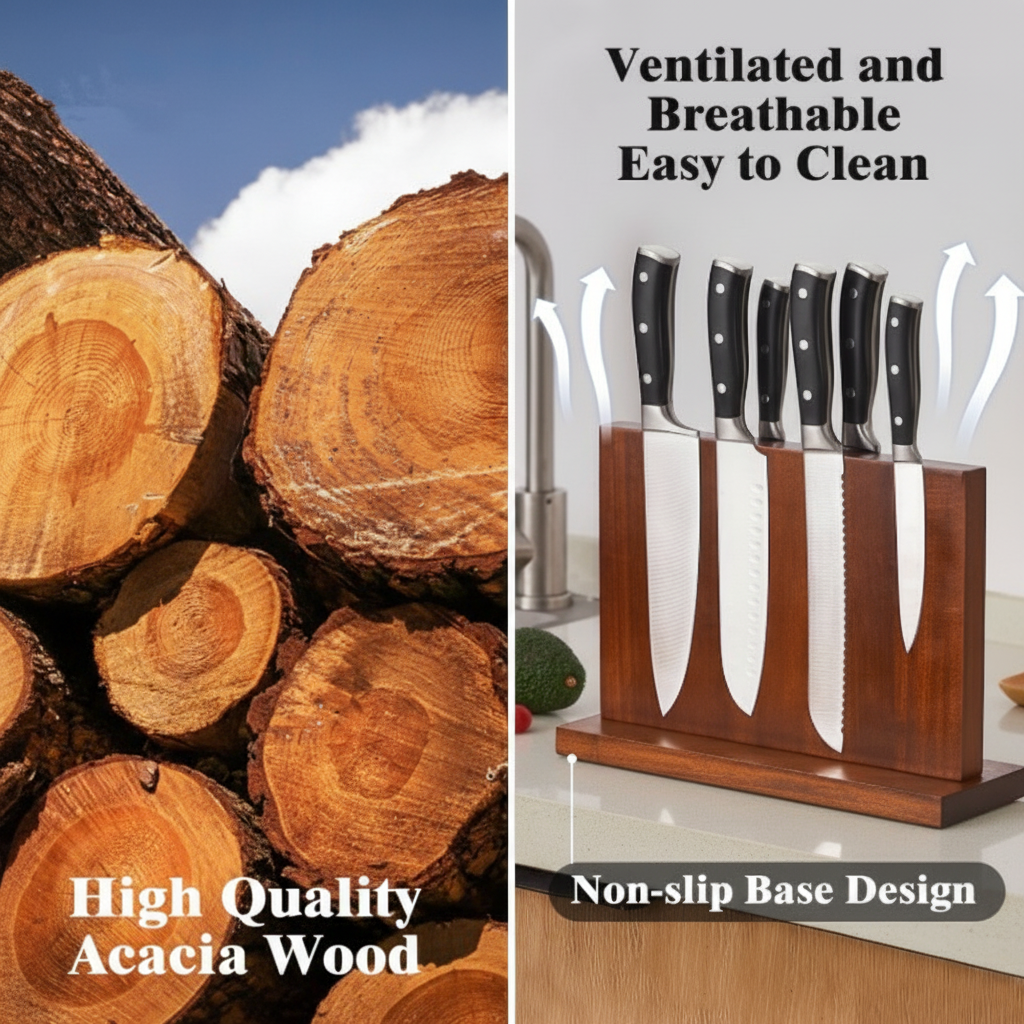 Countertop Magnetic Knife Holder, Acacia Hardwood