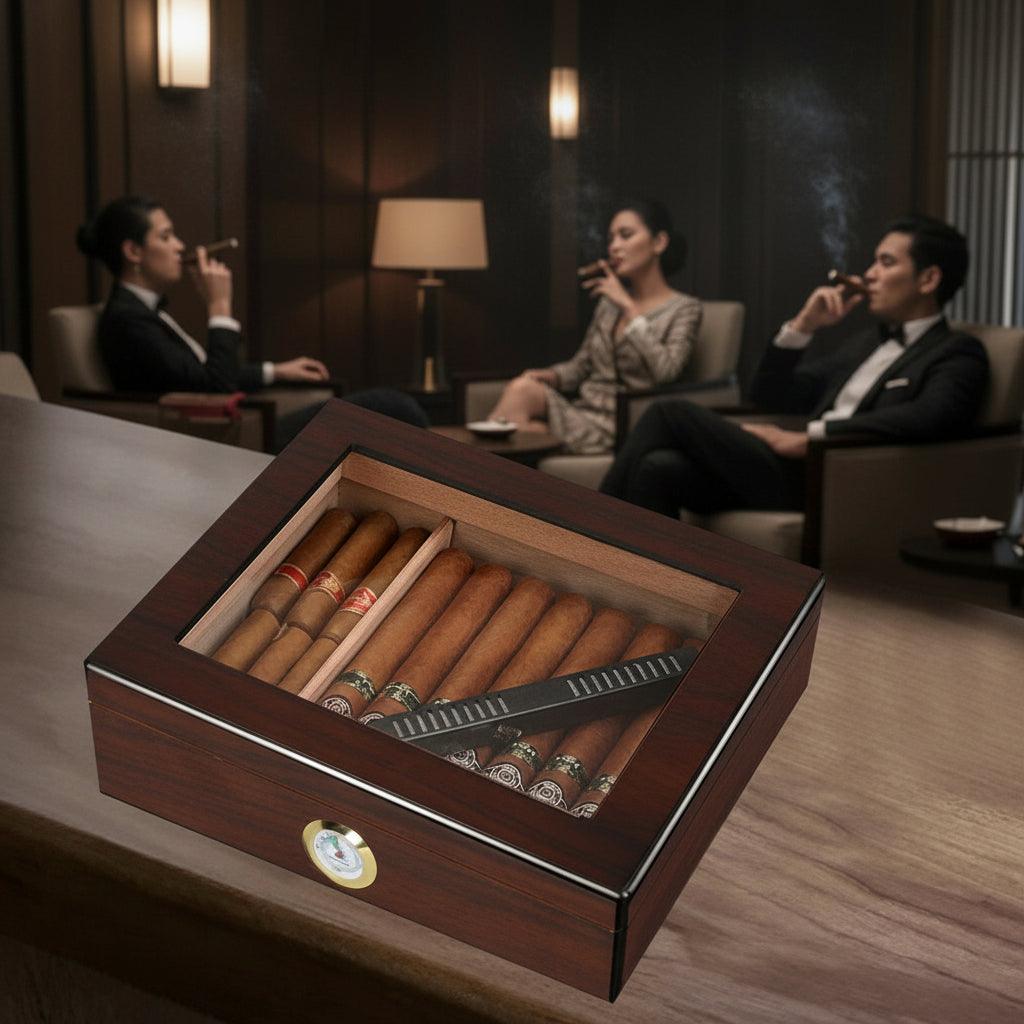 Cigar Box, Spanish Cedar, Black, with Hygrometer and Humidor, 9x7 inches