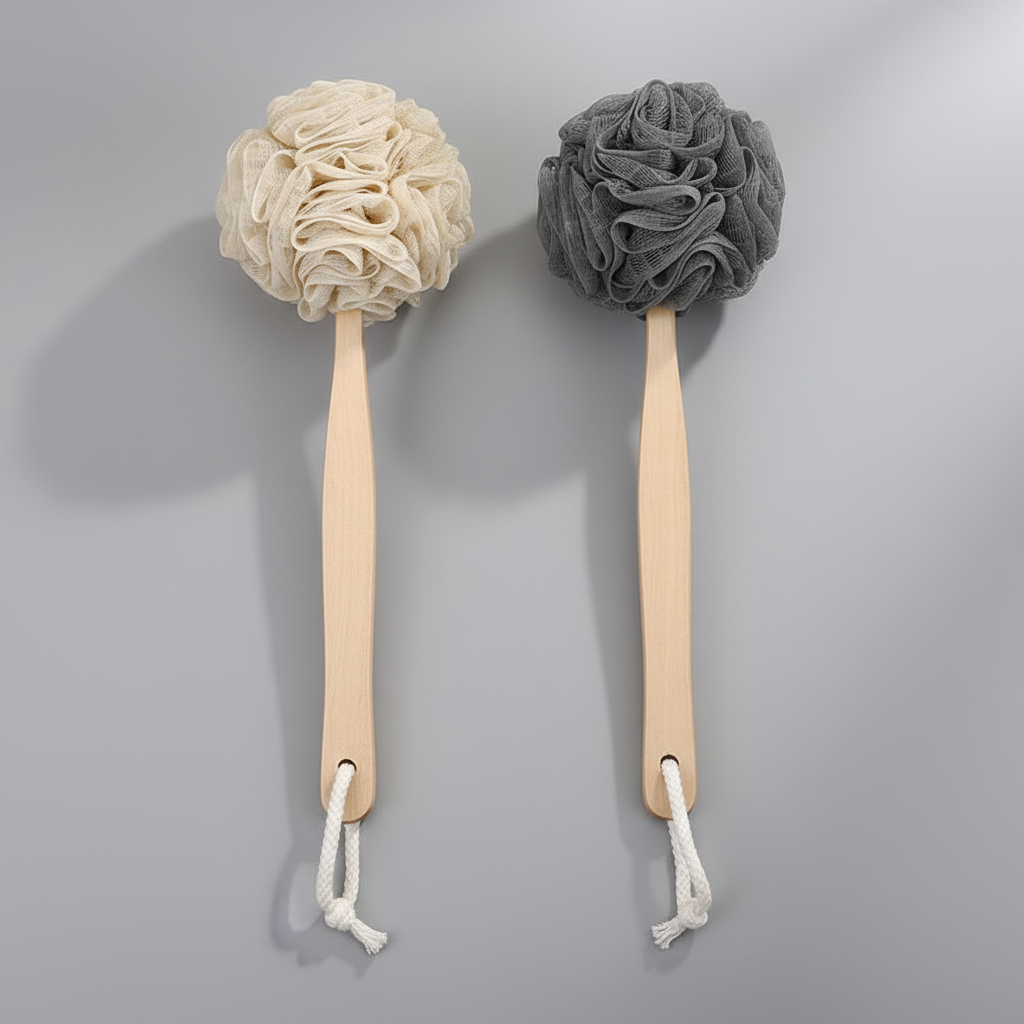 Shower Sponge, With 12" Long Wooden Handle