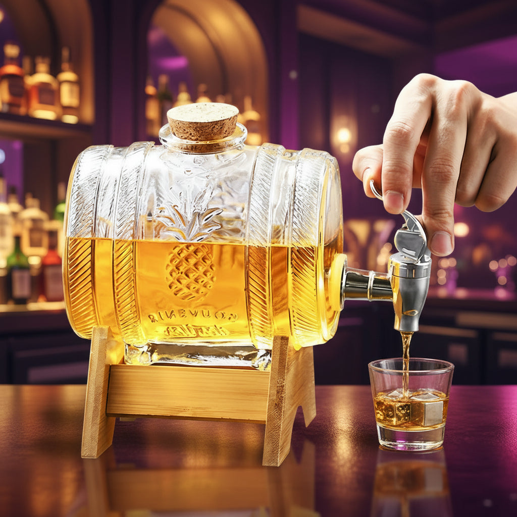 Liquor Barrel with Dispenser Faucet and Wooden Base, 1L capacity