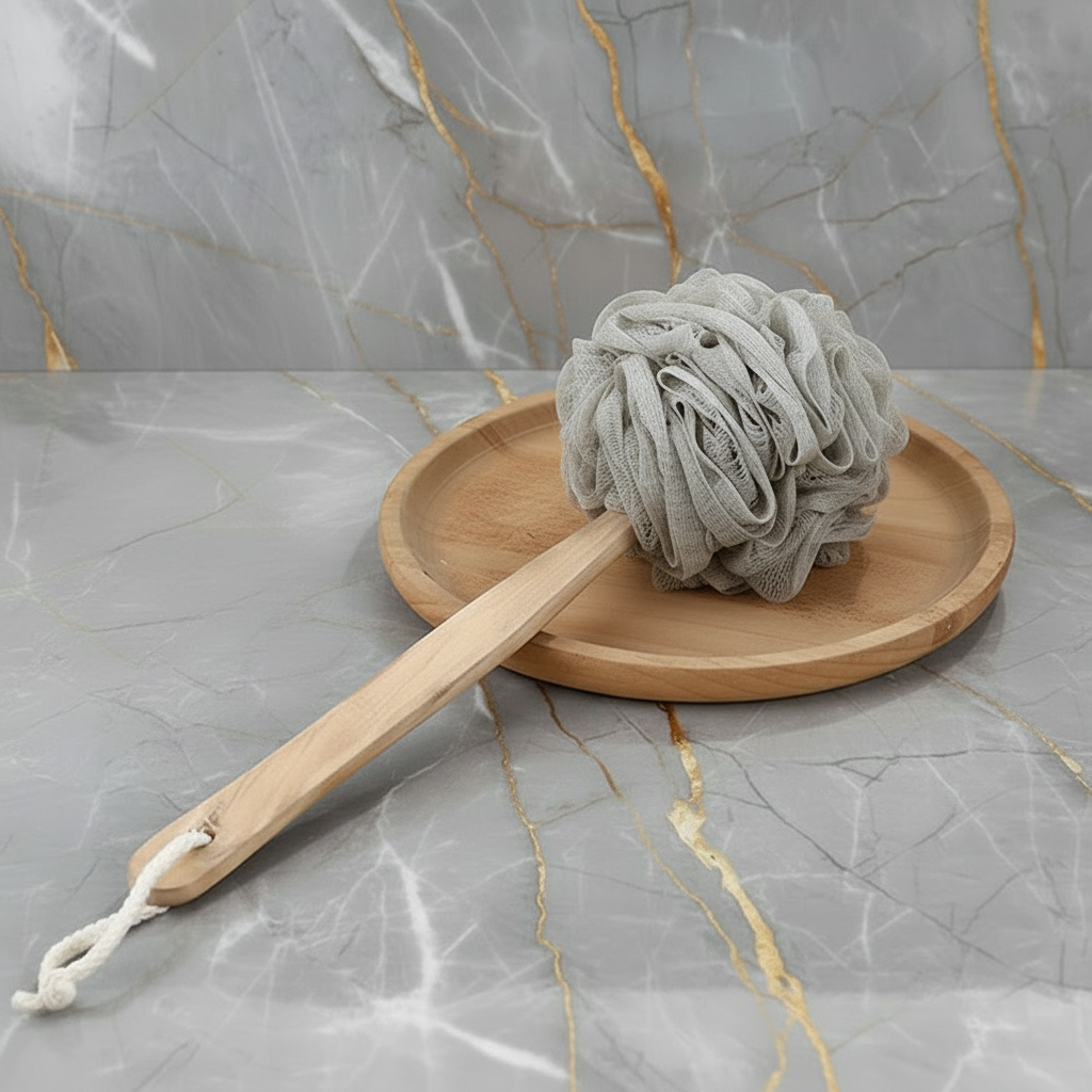 Shower Sponge, With 12" Long Wooden Handle