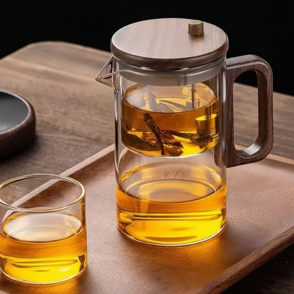 Borosilicate Glass Teapot with Infuser, Walnut Lid & Handle, 21 Oz