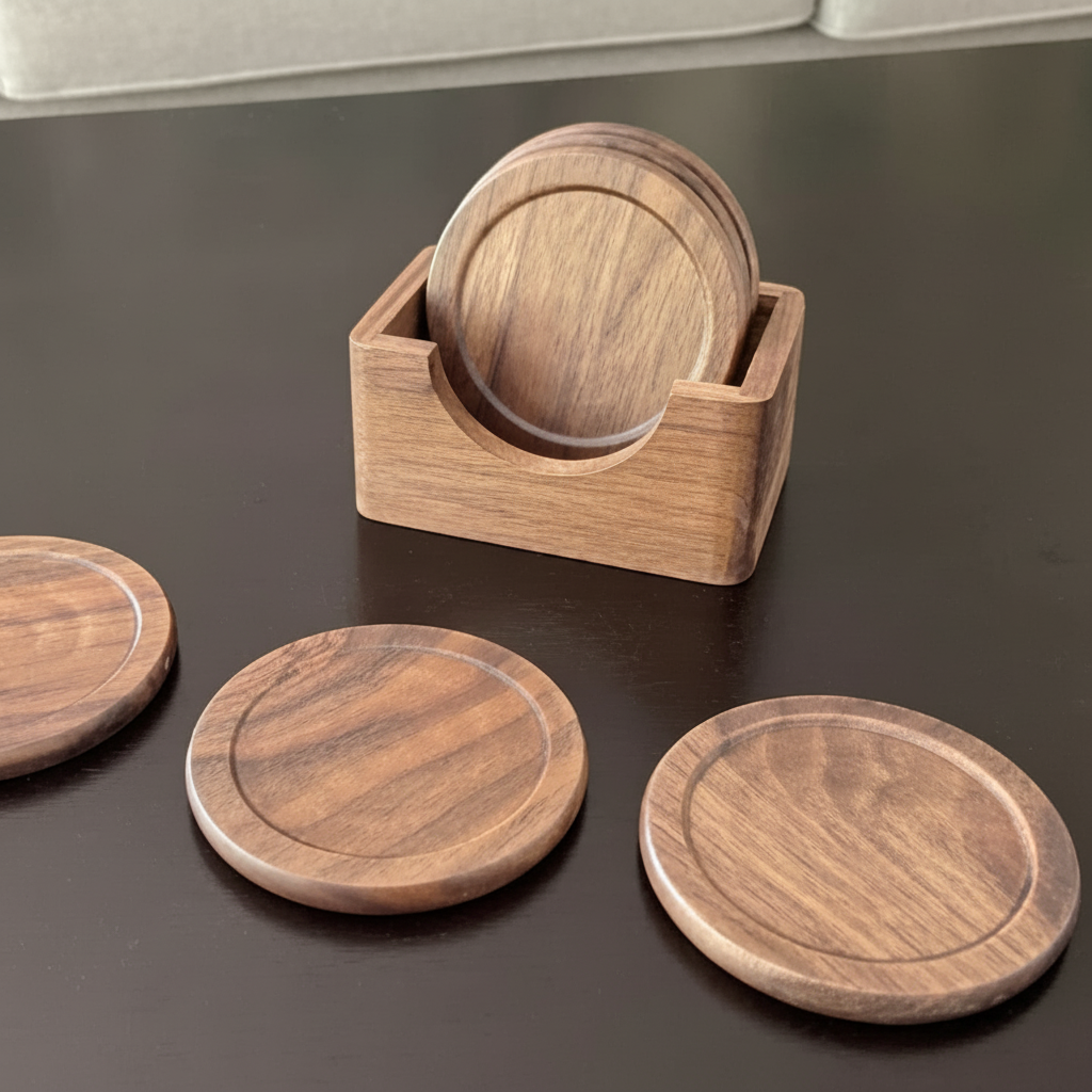 Wooden Coasters, Acacia Hardwood, 7 pcs with Holder