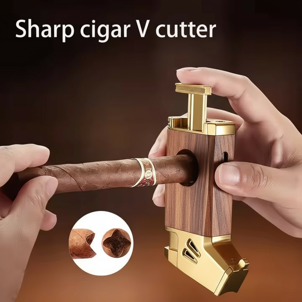 Cigar Lighter, Redwood Grain, with V-shaped Cigar Cutter