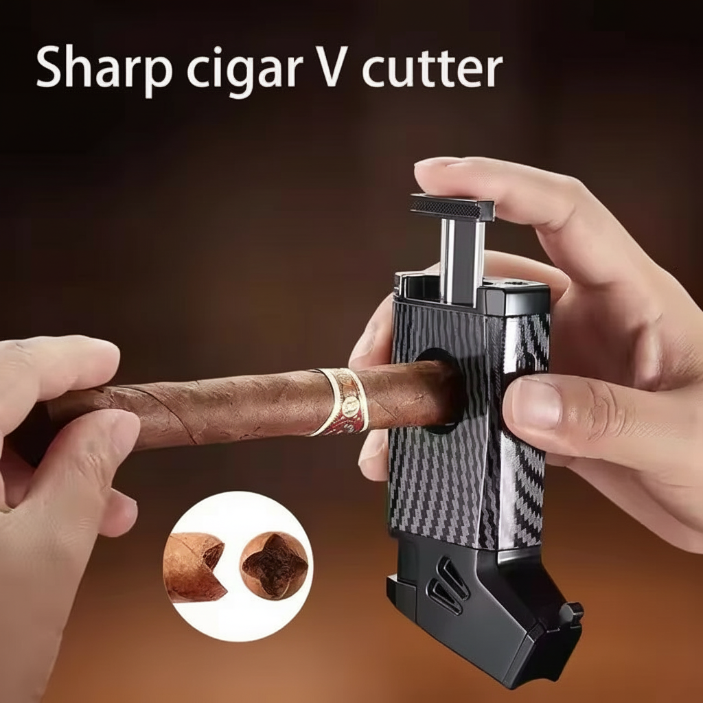 Cigar Lighter, Business Black, with V-shaped Cigar Cutter