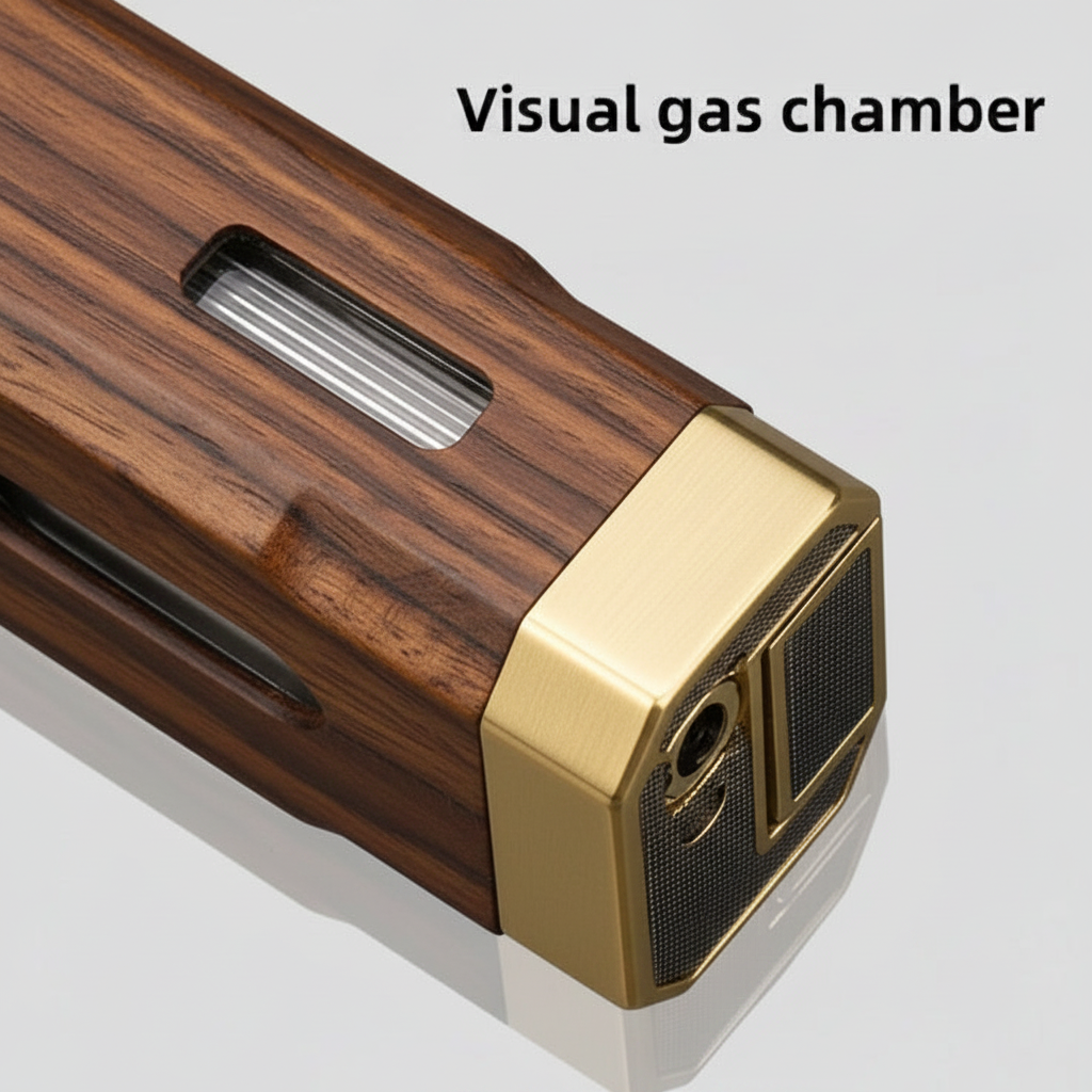 Cigar Lighter, Redwood Grain, with V-shaped Cigar Cutter
