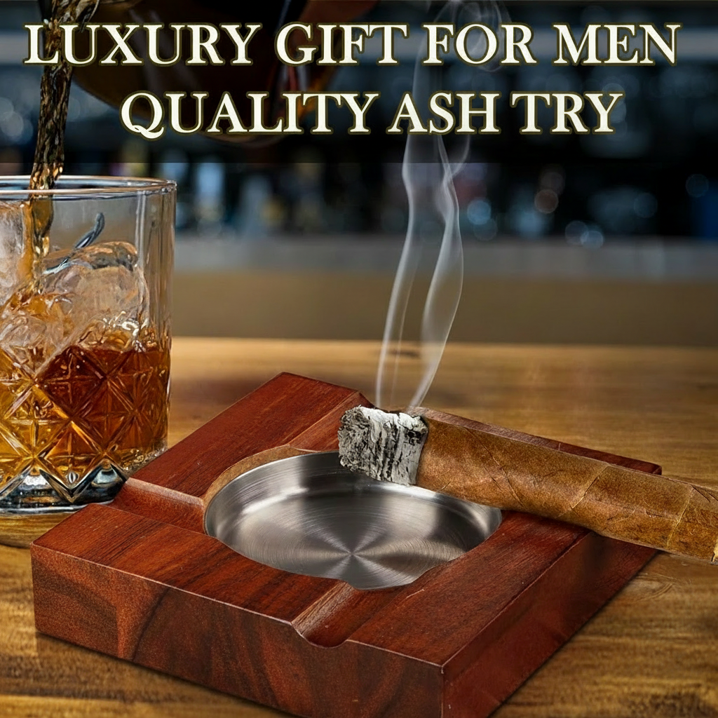Cigar Ashtray, Hardwood, with Stainless metal Cup