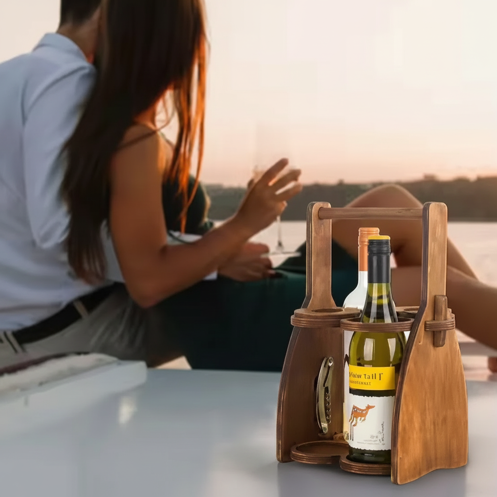 Wine Carrying Box. Fits 4 bottles or glasses. Natural multilayer Hardwood