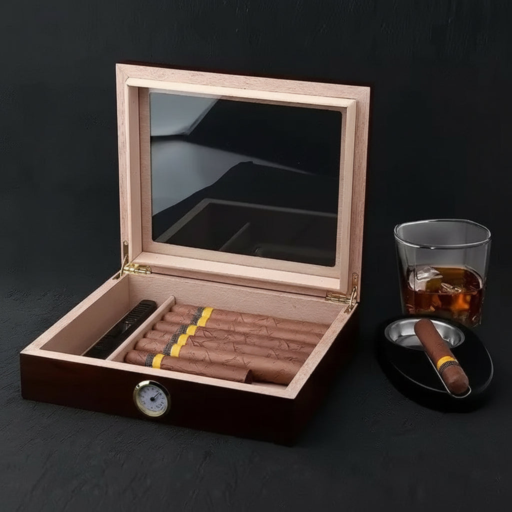 Cigar Box, Spanish Cedar, Black, with Hygrometer and Humidor, 9x7 inches