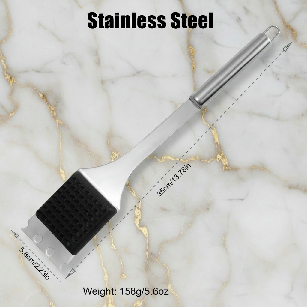 BBQ Grill Cleaning Brush with Scraper, Stainless Steel, 14"