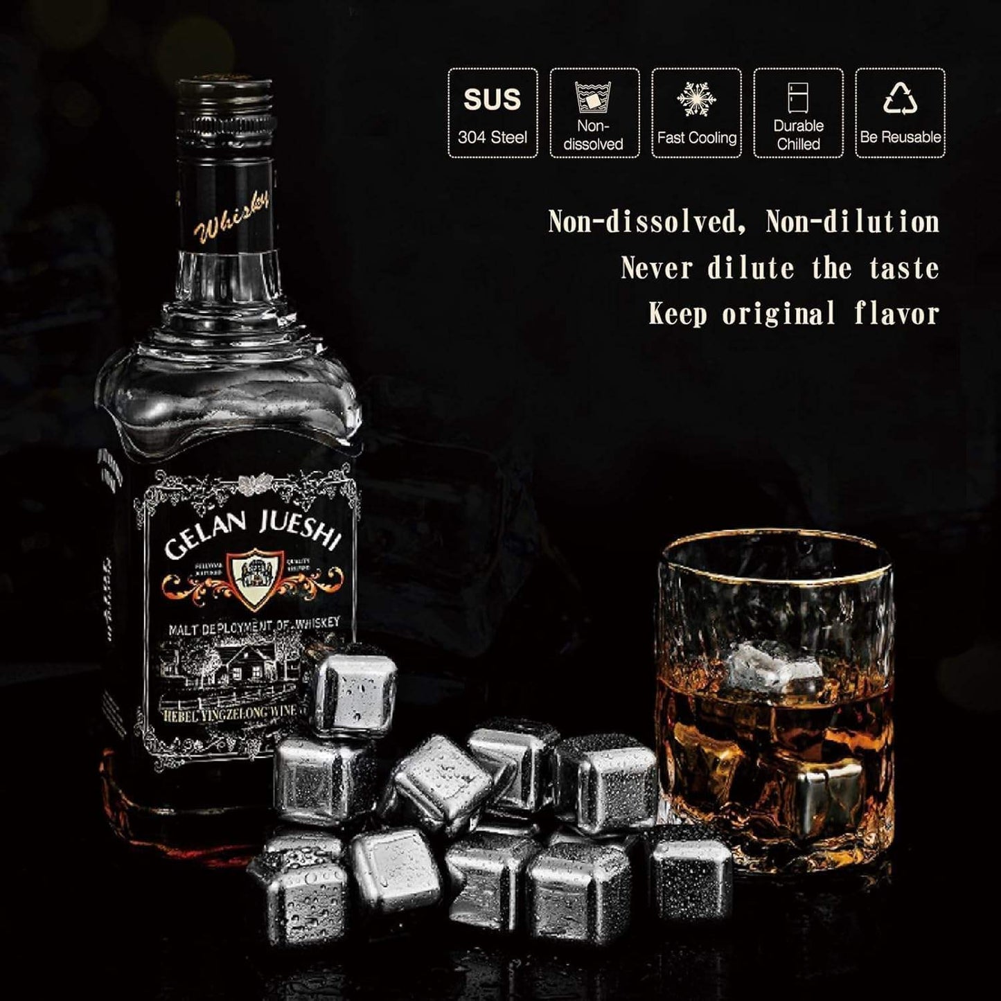 Beverage Chilling Cubes, Stainless Steel, 8 pcs with Tongs Set