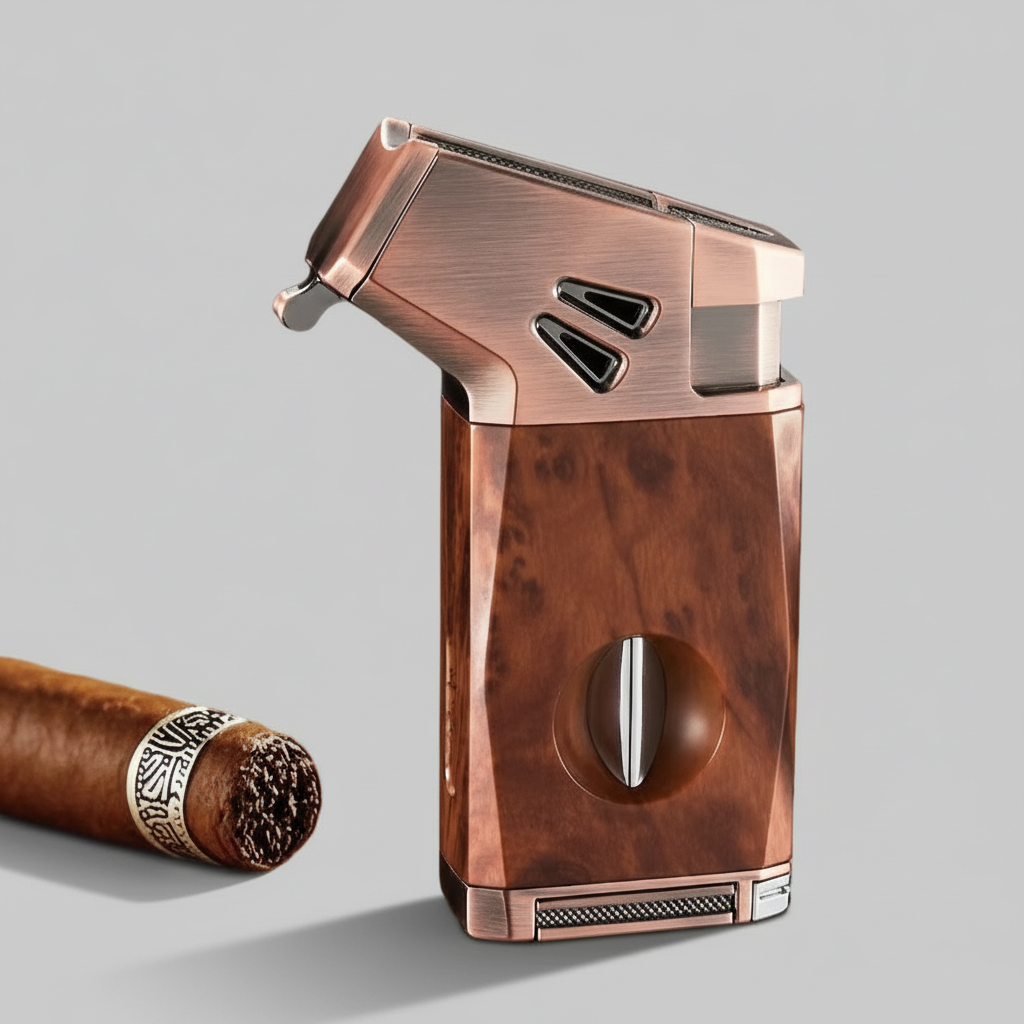 Cigar Lighter, Redwood Grain, with V-shaped Cigar Cutter
