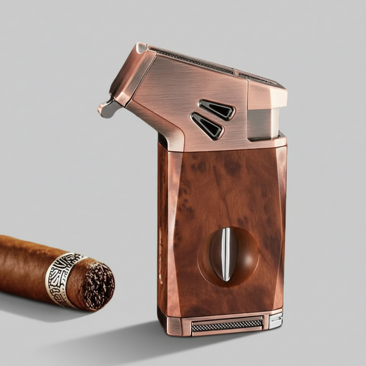 Cigar Lighter, Redwood Grain, with V-shaped Cigar Cutter