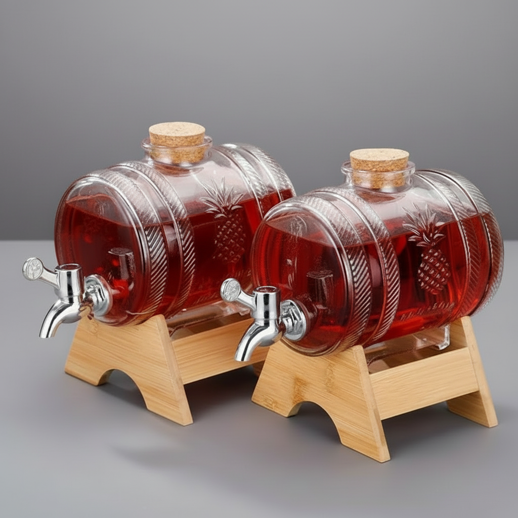 Liquor Barrel with Dispenser Faucet and Wooden Base, 1L capacity