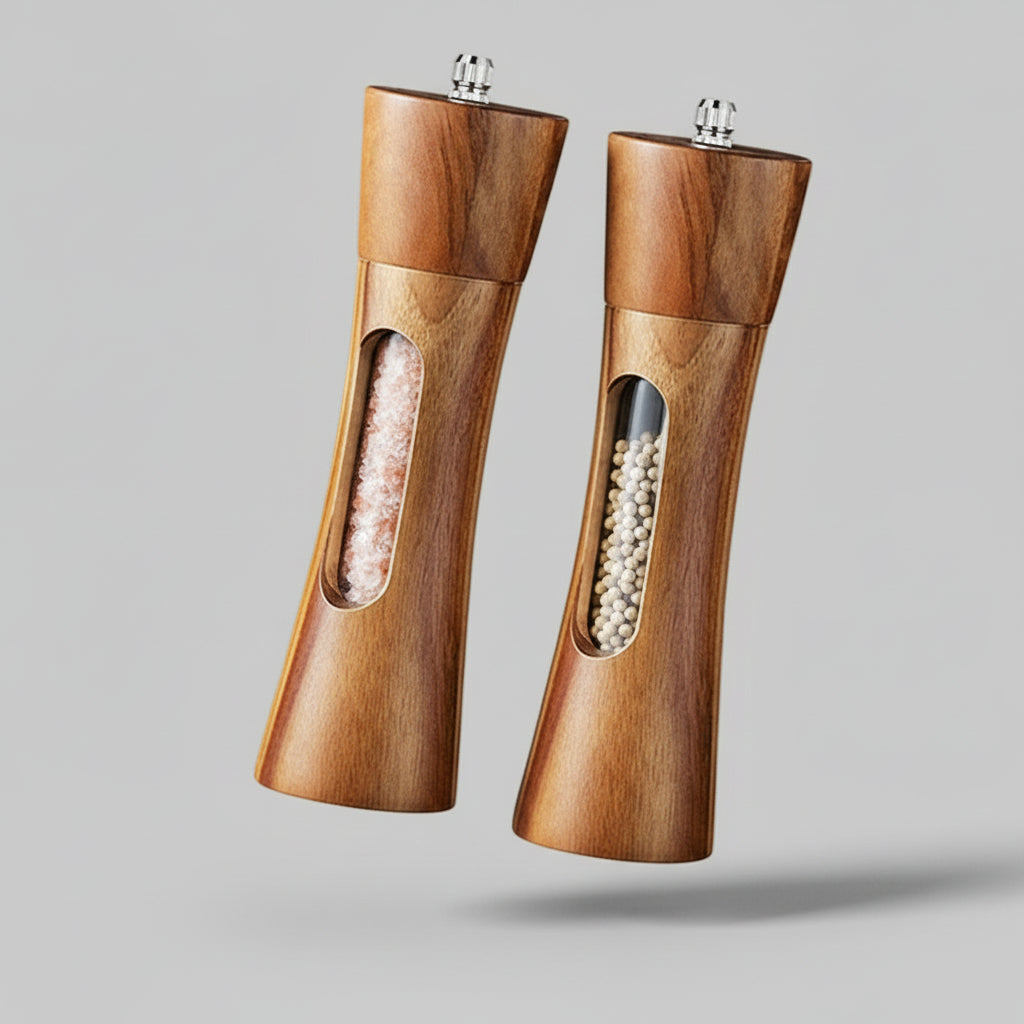 Transparent Window Acacia Wood Grinder Set, 8" Tall, 2pcs Set