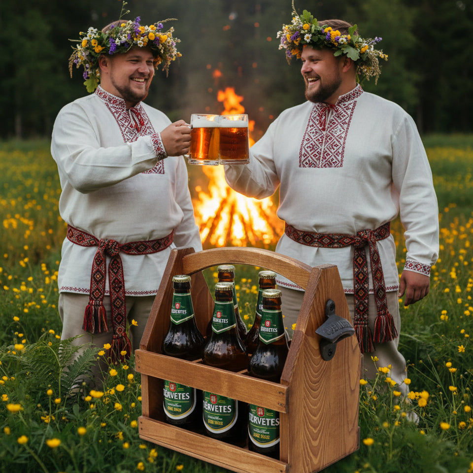 Beer and Wine Carrying Box with Bottle Opener, Natural Hardwood