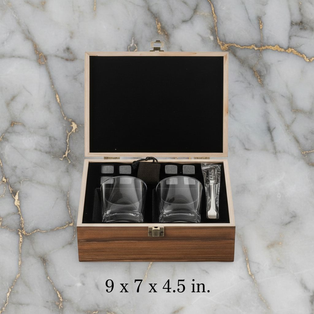 Whisky Chilling Stones & Classic Glass Gift Set in Wooden Gift box