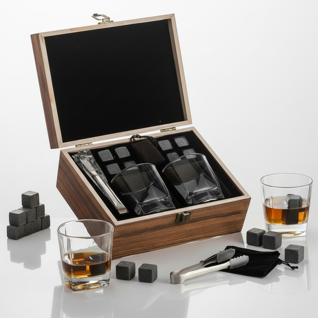 Classic Whisky Chilling Stones & Glass Gift Set in Wooden Gift box