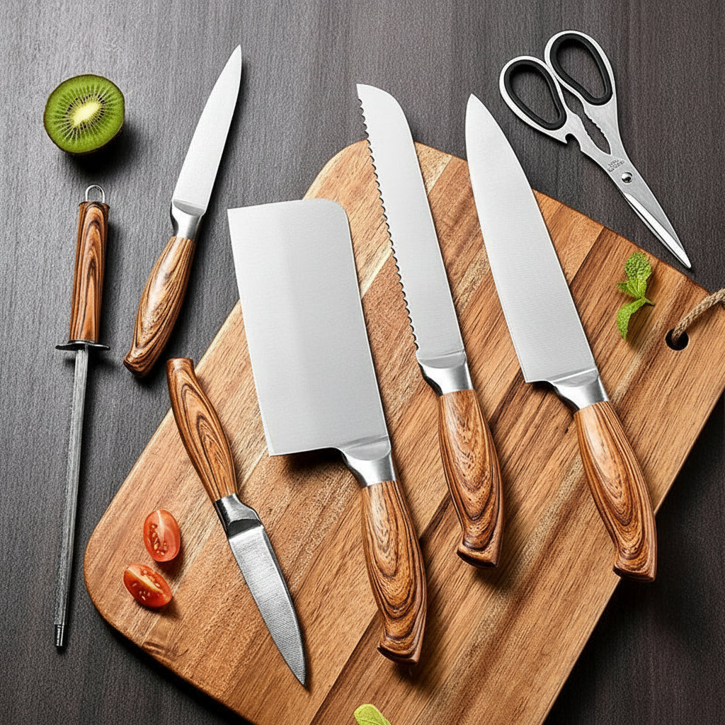 Kitchen Knives Set, Stainless Steel, 8pcs set, including Block and Sharpener
