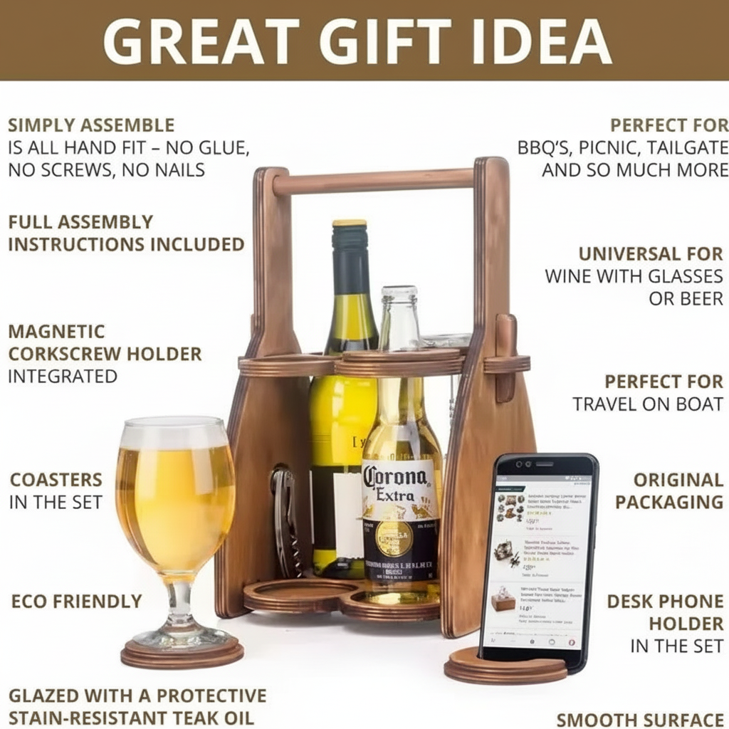 Wine Carrying Box. Fits 4 bottles or glasses. Natural multilayer Hardwood