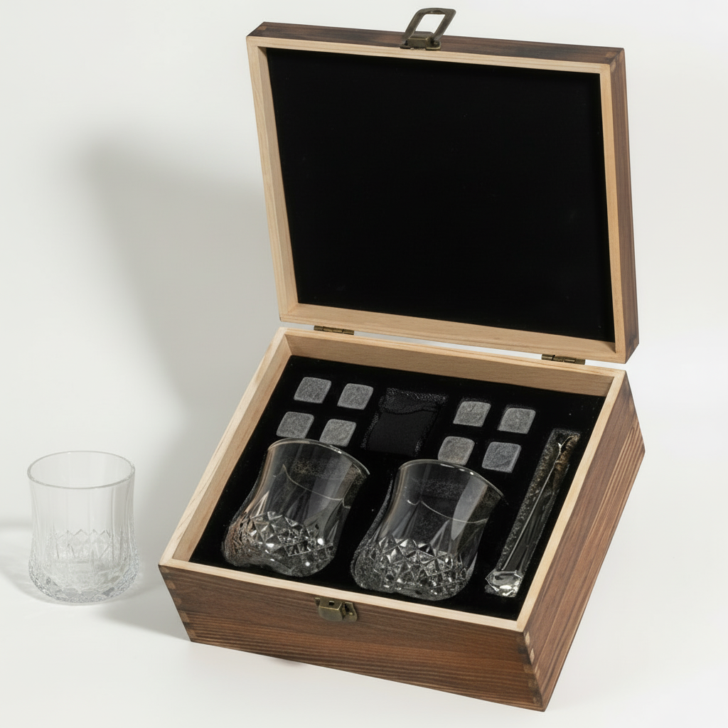 Whisky Chilling Stones & Glass Gift Set in in Wooden Gift box